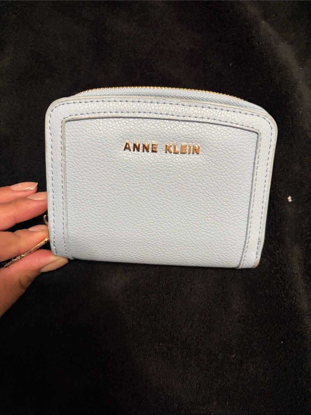 Anne Klein Pale Blue Pebbled Zip-Around Wallet with Gold Logo